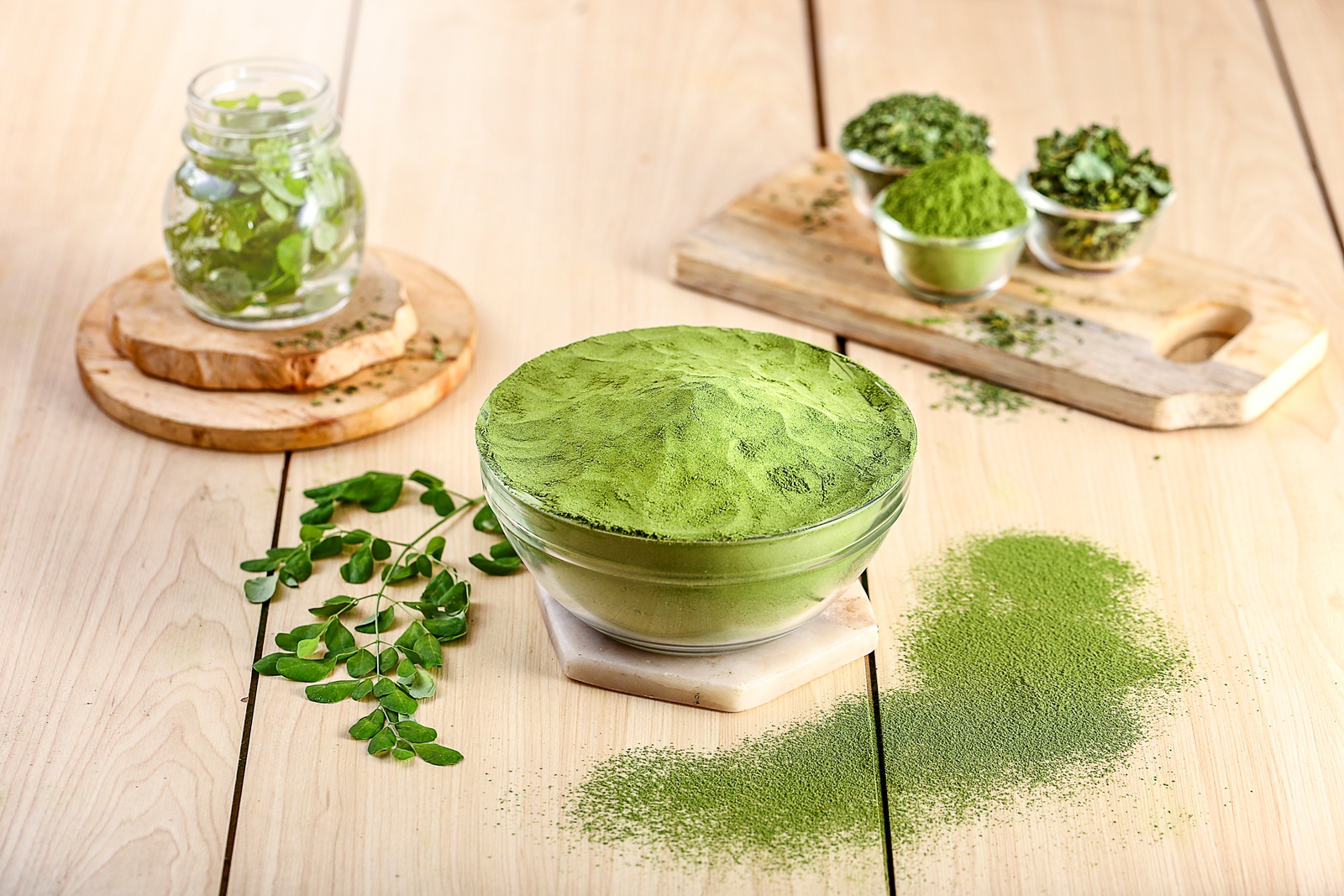 MORIFA organic moringa leaf powder Ultra-Fine grade (140–160 mesh) — deep-green premium powder, B2B bulk supply from Indonesia for capsule, supplement, beverage, and cosmetic formulations